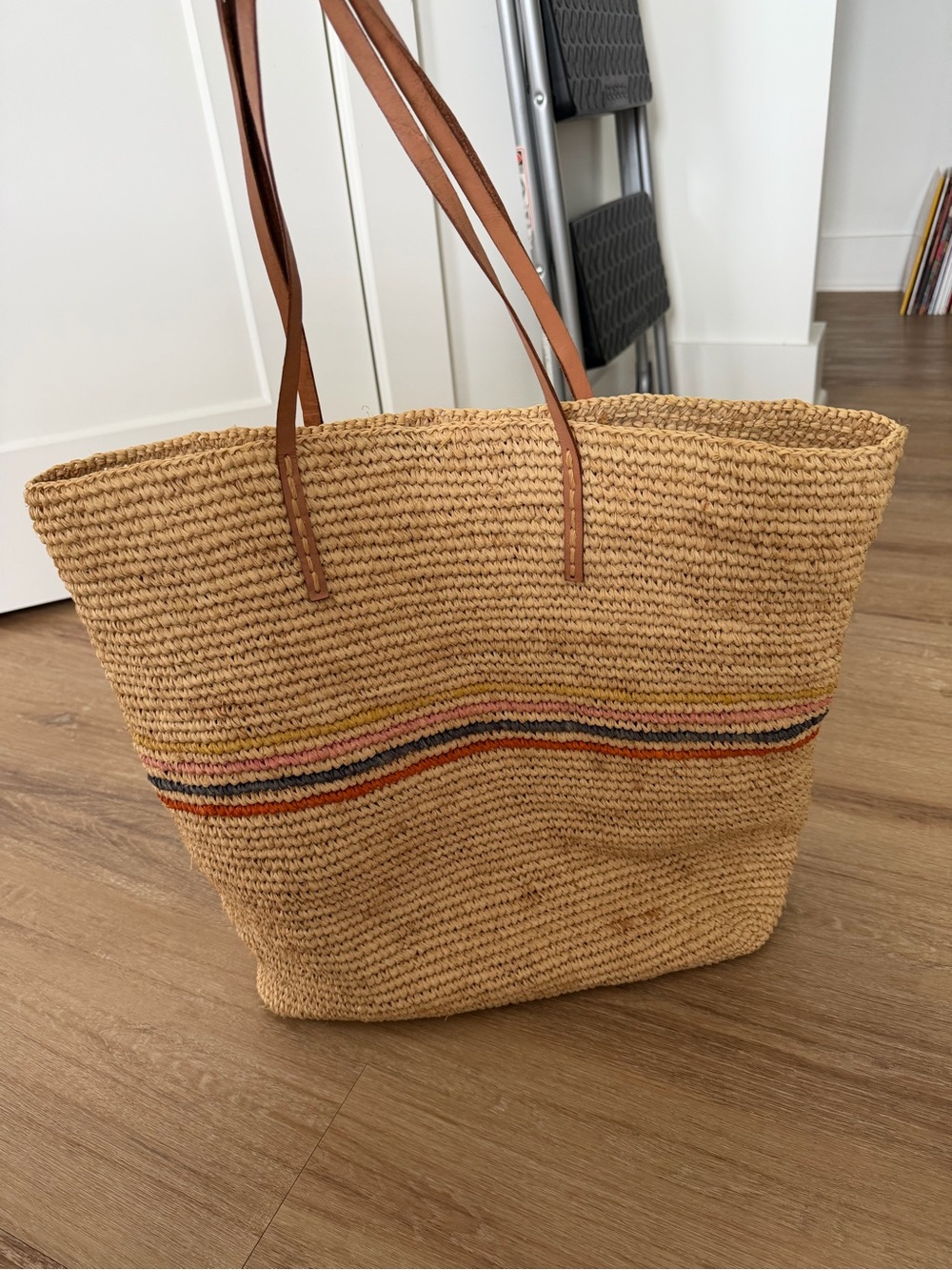 Woven Straw Tote Bag with Leather Straps - Natural with Multicolor Stripe